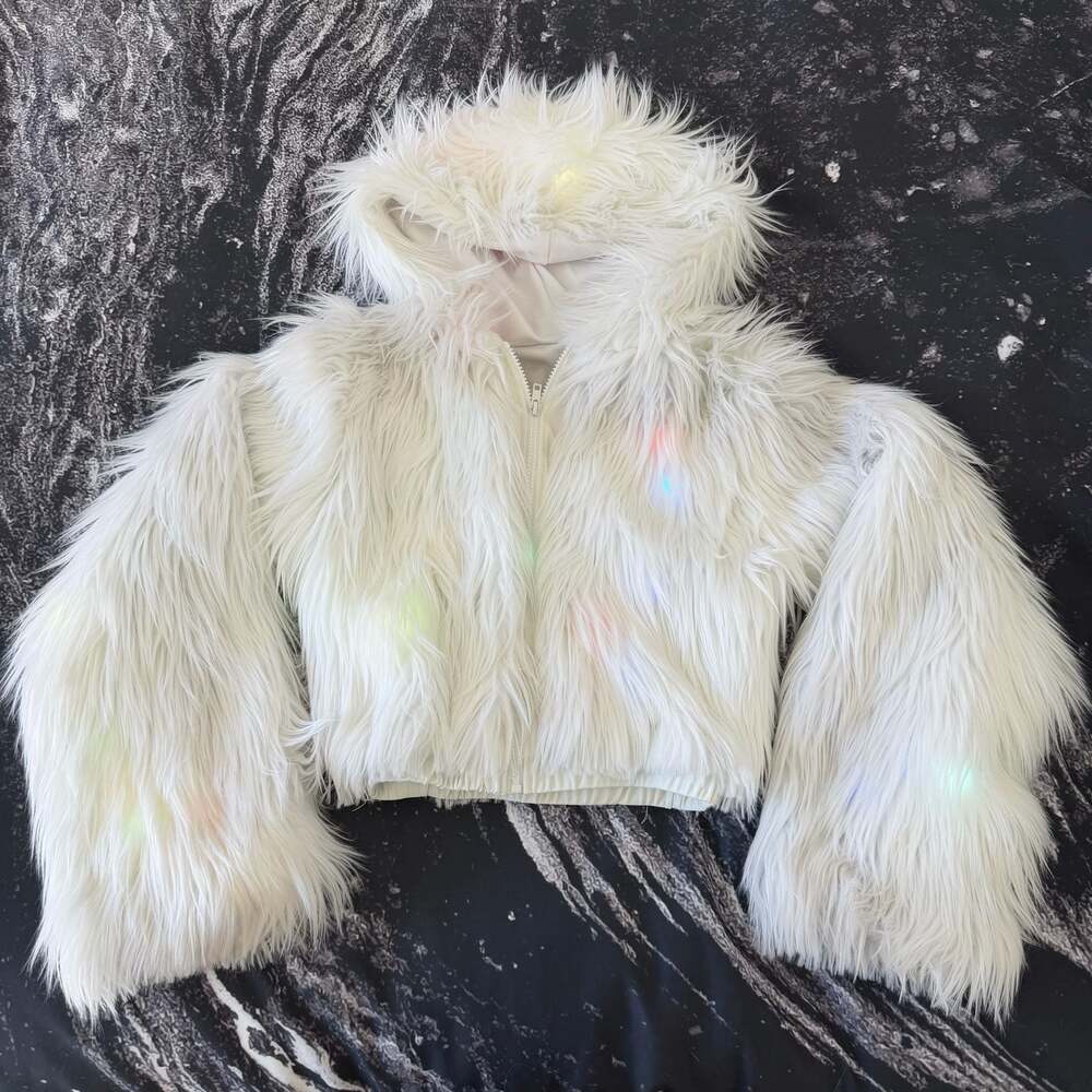 J. Valentine White LED Light-Up Faux Fur Cropped Hooded Jacket